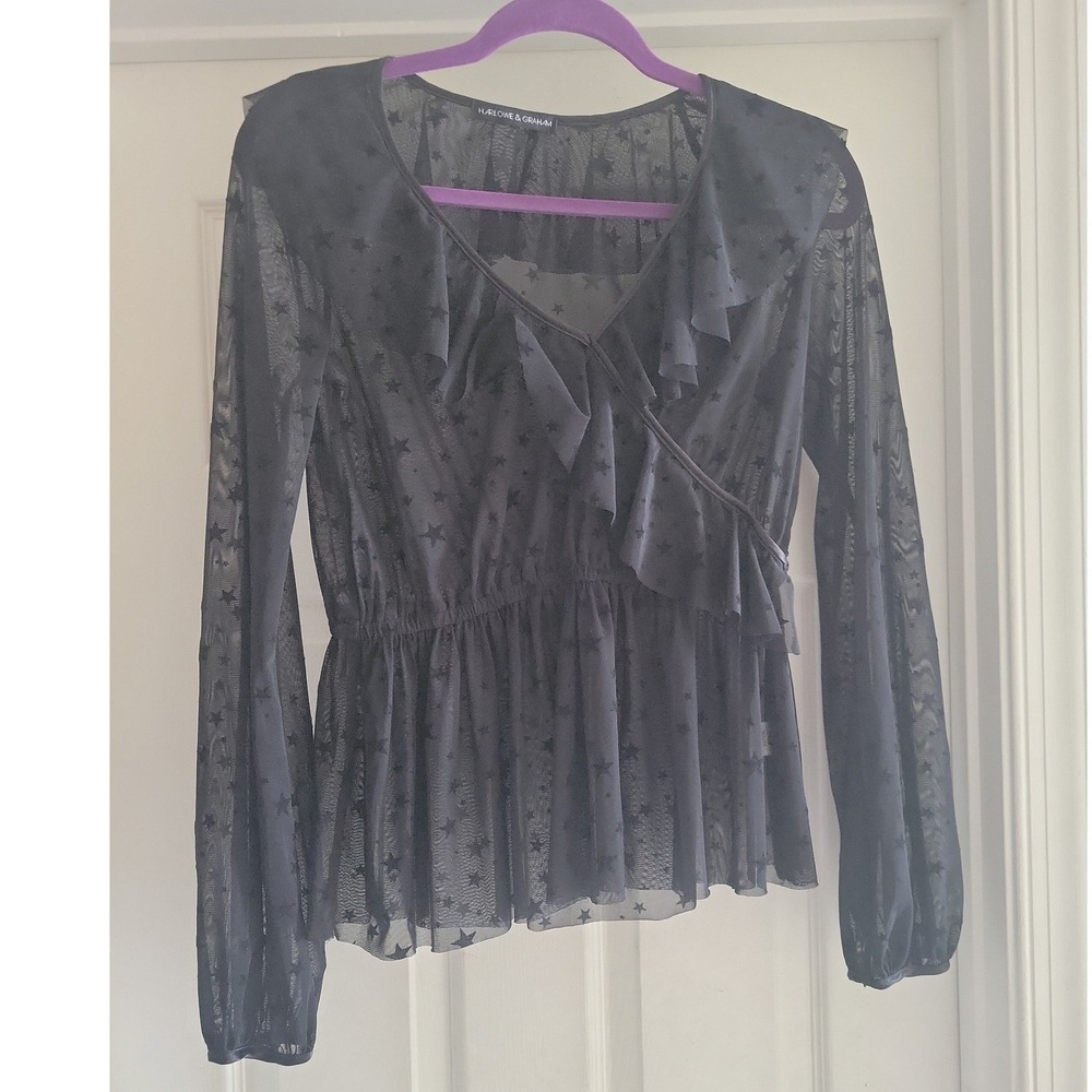 Harlowe & Graham Black Sheer Mesh Star Flocked Ruffle Wrap Peplum Top Small